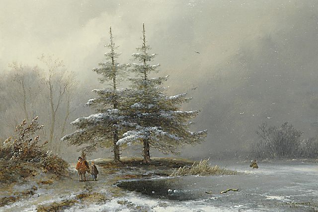 Hoppenbrouwers J.F.  | A winter evening, oil on panel 25.6 x 36.5 cm, signed l.r. and dated 1865