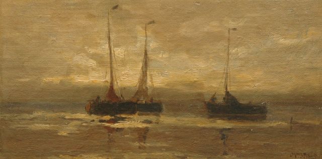 Schütz W.J.  | Two fishing boats at night, Zeeland, oil on canvas laid down on panel 13.7 x 26.7 cm, signed l.r.