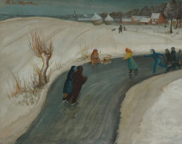 Troyer P. de | Skaters in landscape with snow, oil on panel 72.4 x 89.9 cm, signed u.l.