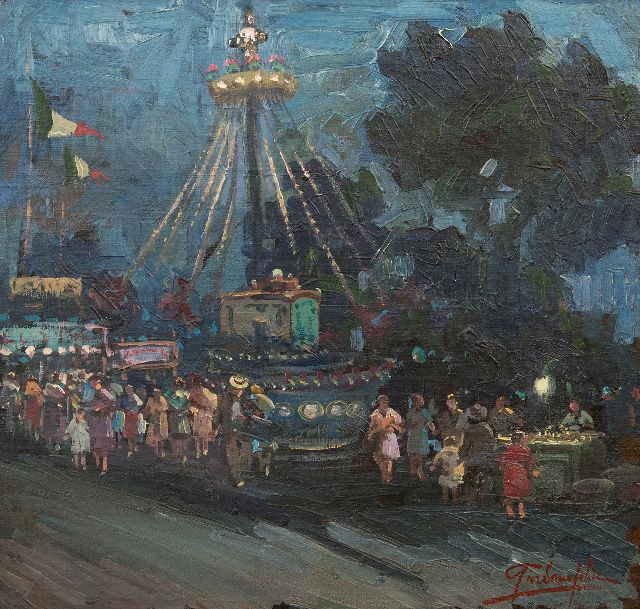 Giordano F.  | The merry-go-round by night, oil on canvas laid down on board 47.8 x 50.8 cm, signed l.r.
