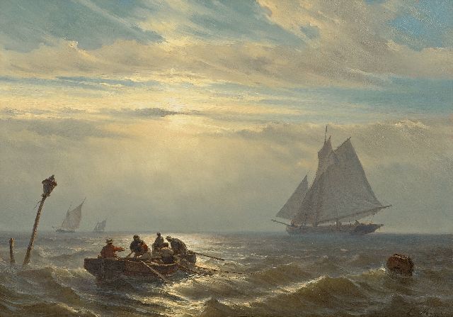 Louis Meijer | Vessels in open sea at sunset, oil on panel, 30.7 x 42.1 cm, signed l.r.