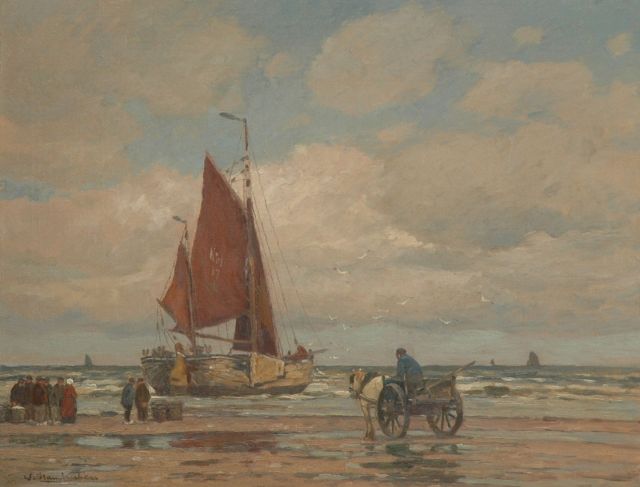 Hambüchen W.  | Moored fishing boat on the beach of Katwijk, oil on canvas 62.5 x 81.5 cm, signed l.l.