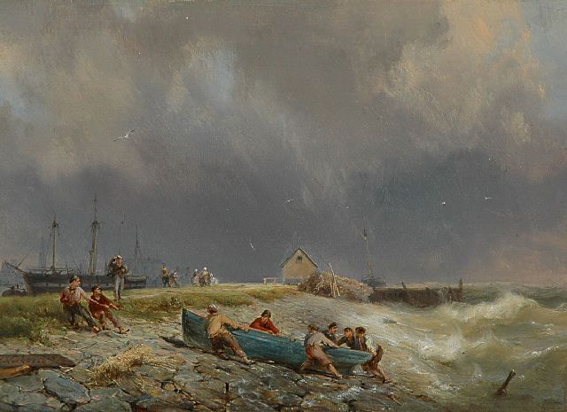 Koekkoek H.  | bringing in the fishing boat, oil on panel 19.1 x 26.2 cm, signed l.l.
