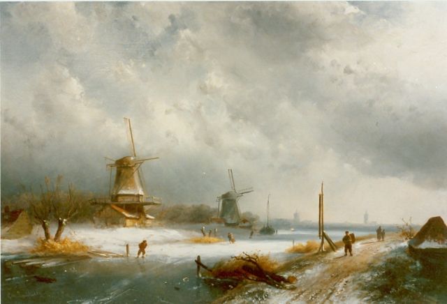 Leickert C.H.J.  | Dutch winterlandscape with skaters, oil on panel 29.6 x 47.8 cm, signed l.r.