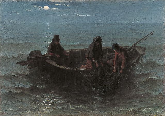 Israëls J.  | Bringing in the catch at night, oil on panel 32.5 x 46.1 cm, signed l.l. and painted circa 1861-1864