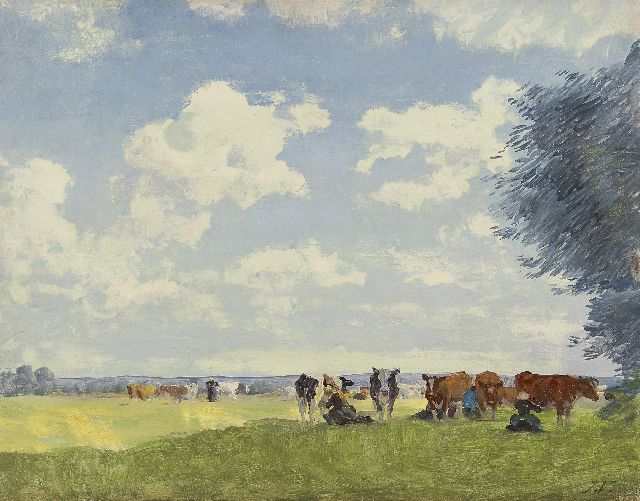 Voerman sr. J.  | Milking time in the shade, oil on panel 32.3 x 41.2 cm, signed l.r. with initials