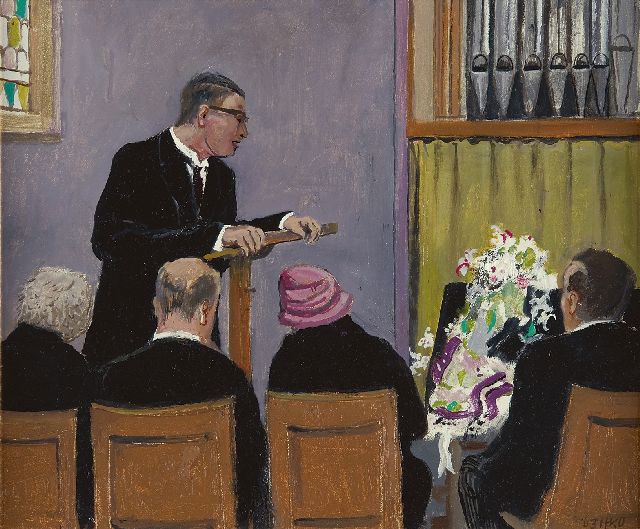 Harm Kamerlingh Onnes | The memorial service, oil on board, 34.1 x 40.8 cm, signed l.r. with monogram and dated '63