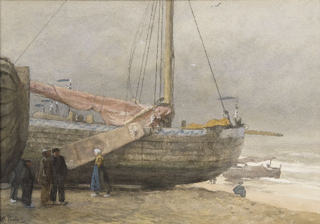 Willem Bastiaan Tholen | Fisherfolk and boats on the Scheveningen beach, watercolour on paper, 37.4 x 53.4 cm, signed l.l.