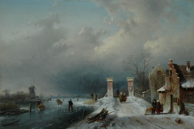 Leickert C.H.J.  | A frozen river with skaters Warmond, oil on panel 32.0 x 47.2 cm, signed l.l. and on sign and dated 1861