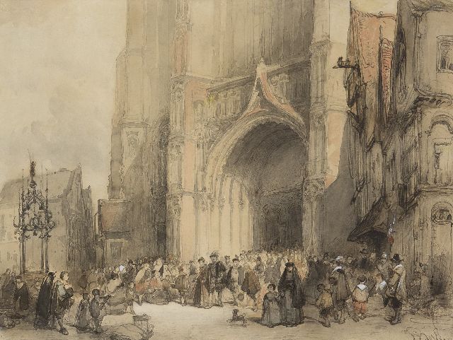 Bosboom J.  | The cathedral of Antwerpen after service, ink, chalk and watercolour on paper 30.7 x 40.7 cm, signed l.r.