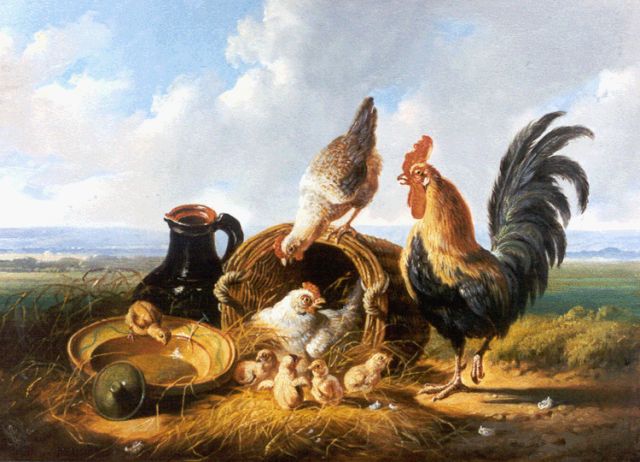 Verhoesen A.  | Poultry in an extensive landscape, oil on panel 17.8 x 24.3 cm, signed l.l. and dated 1879