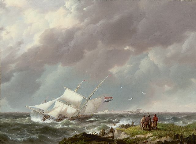 Koekkoek H.  | A barquentine in a storm off the coast, oil on panel 21.9 x 29.5 cm, signed l.r. with initials