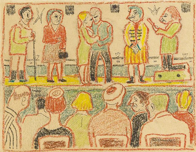 Harm Kamerlingh Onnes | The theater performance, chalk on paper, 23.6 x 30.6 cm, signed l.r. with mon. and executed '66