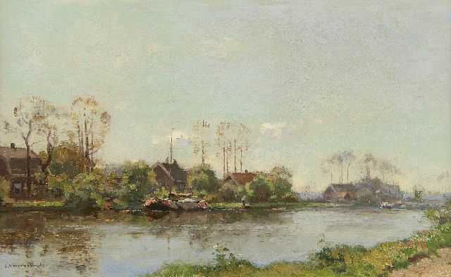 Vreedenburgh C.  | Moored ship on a Dutch waterway, oil on panel 21.3 x 34.9 cm, signed l.l.