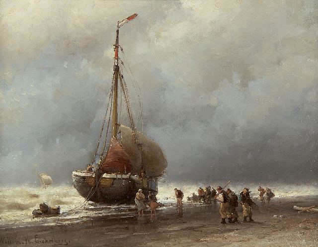 Eickelberg W.H.  | Bringing in the catch in a storm, oil on panel 26.8 x 35.0 cm, signed l.l.
