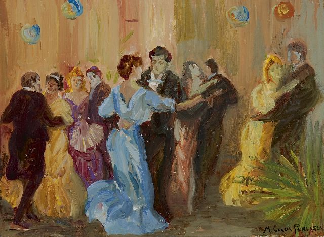 Maria Caccia Perlasca | Dancing couples in Morcote, Switzerland, oil on panel, 23.2 x 29.6 cm, signed l.r.