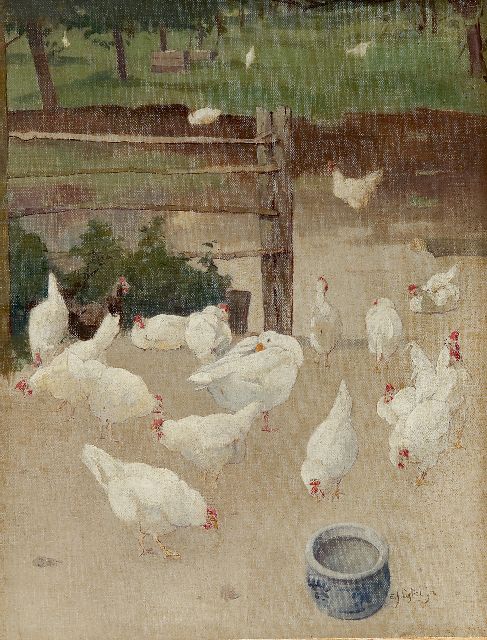 Ligtelijn E.J.  | A goose and chickens in the farmyard, oil on canvas laid down on panel 43.6 x 33.5 cm, signed l.r.