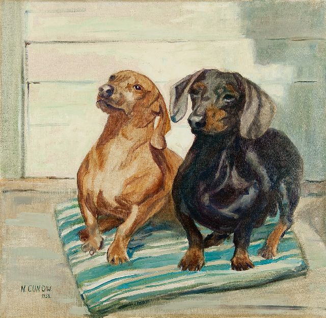 Cunow-Detjen N.  | Two short-haired Dachshunds, oil on canvas 54.0 x 56.5 cm, signed l.l. and dated 1932