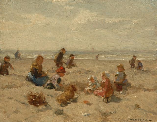 Akkeringa J.E.H.  | Children playing on a beach, oil on panel 17.9 x 22.6 cm, signed l.r.
