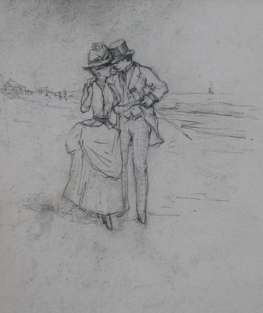 Kaemmerer F.H.  | Courtship on the beach of Scheveningen, black chalk on paper 31.9 x 33.1 cm, executed ca. 1885-1902
