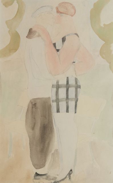 Erfmann F.G.  | The kiss, pencil and watercolour on paper 50.0 x 32.7 cm
