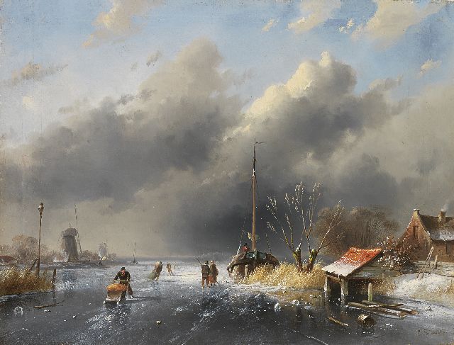 Leickert C.H.J.  | Skaters on a frozen river, oil on panel 26.8 x 35.5 cm, signed l.r.