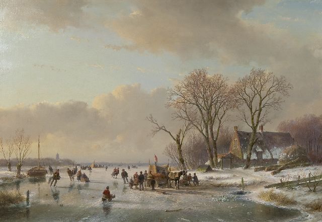 Andreas Schelfhout | Skaters on a frozen river, oil on canvas, 65.3 x 93.1 cm, signed l.l. and executed ca. 1850-1860