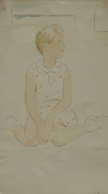 Cornelis Kloos | Girl in a red dotted dress, pencil and watercolour on paper, 30.8 x 17.9 cm, signed l.r.