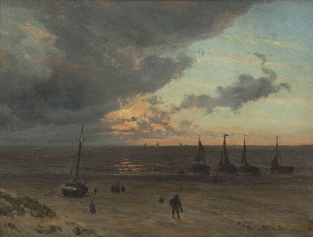 Deventer W.A. van | A view of a beach with fishermen, oil on paper laid down on panel 32.0 x 41.6 cm, signed l.r.
