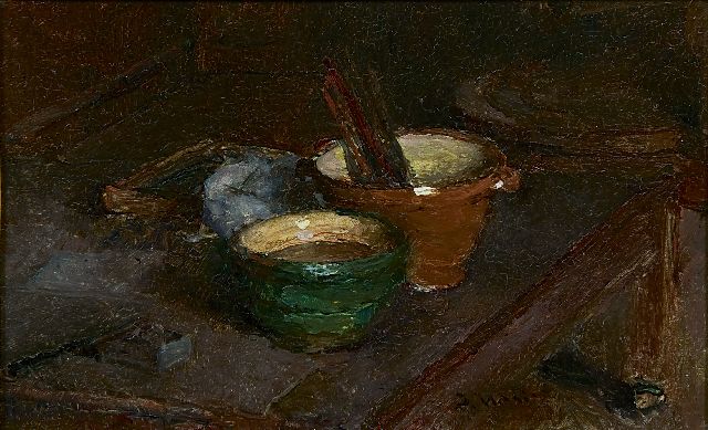 Maris J.H.  | A still life with pottery, oil on panel 13.0 x 20.6 cm, signed c.r.