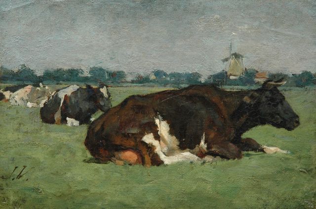 Voerman sr. J.  | Cows in a meadow, oil on canvas laid down on panel 18.9 x 28.1 cm, signed l.l. with initials