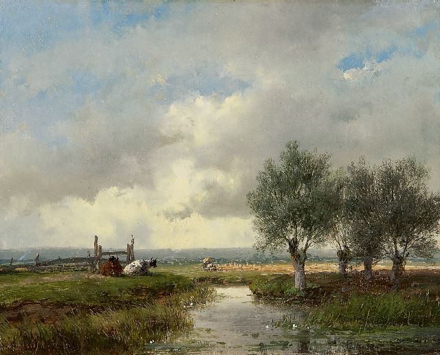 Schelfhout A.  | A summer landscape with cattle and harvesting farmers, oil on panel 18.0 x 22.3 cm, signed l.l. and dated '51