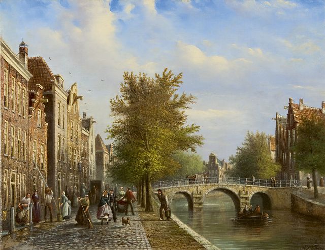 Spohler J.F.  | Daily cleaning along a Dutch canal, oil on canvas 35.0 x 45.2 cm, signed l.r.