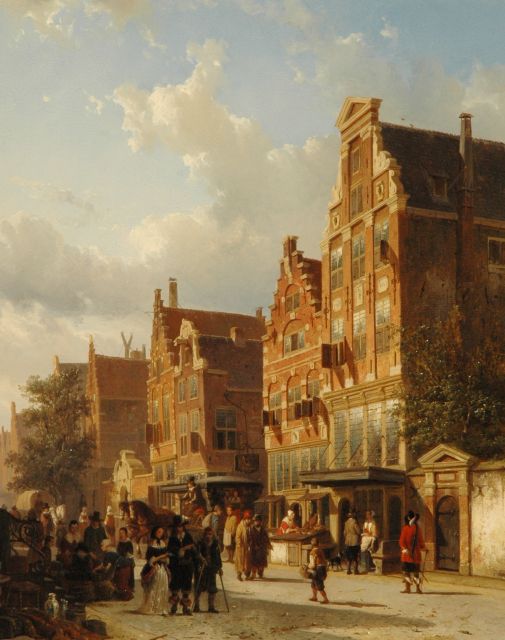 Springer C.  | The quasi-house of Rembrandt on the Sint Anthoniebreestraat, Amsterdam, with the entry of the Zuiderkerkhof, oil on panel 50.6 x 40.4 cm, signed l.l. in full en with mon. l.l. on box and dated 1853
