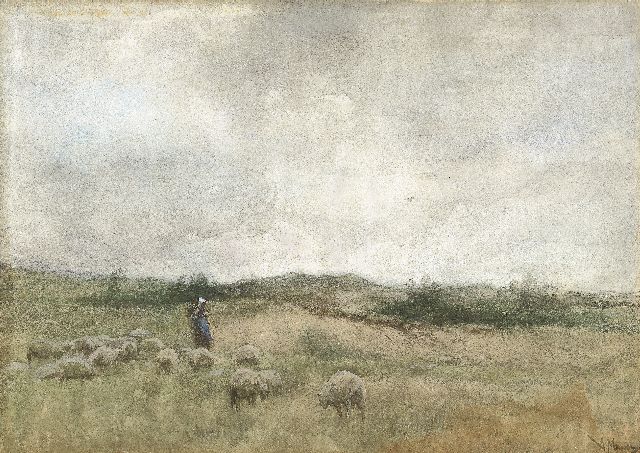 Mauve A.  | A shepherdess tending to her flock, watercolour on paper 25.7 x 36.3 cm, signed l.r.