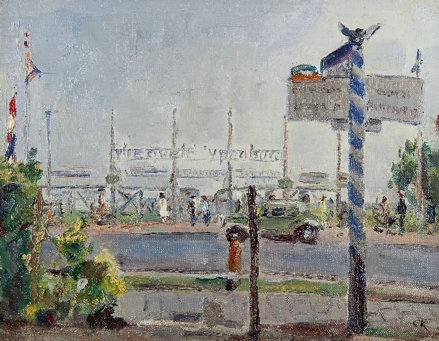 Hollandse School, begin 20e eeuw   | Vliegveld Ypenburg bij Rijswijk, olieverf op doek 24,4 x 30,2 cm, gesigneerd r.o. met initialen  CK