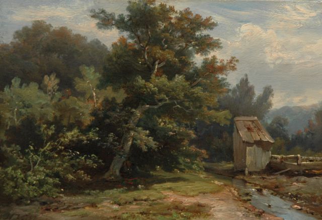 Koekkoek H.  | A wooded landscape with a stream and shed, oil on panel 14.1 x 20.1 cm, signed l.l.