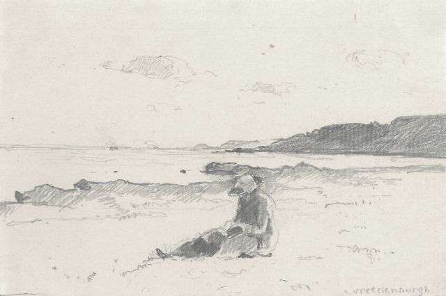 Cornelis Vreedenburgh | Vrouw lezend op het strand, potlood en aquarel op papier, 9,1 x 14,0 cm, gesigneerd r.o.