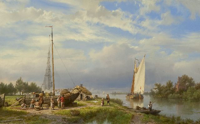 Koekkoek H.  | Alongside a calm river on a summer day, oil on canvas 36.8 x 58.0 cm, signed l.l.
