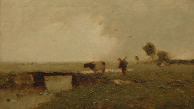 Knikker A.  | Farmer with cow in a polder landschape, oil on panel 13.9 x 23.8 cm, signed l.r.