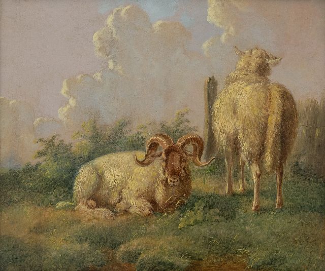 Albertus Verhoesen | Sheep on a summary pasture, oil on panel, 14.5 x 16.5 cm, signed r.o.t.c. and dated 1845