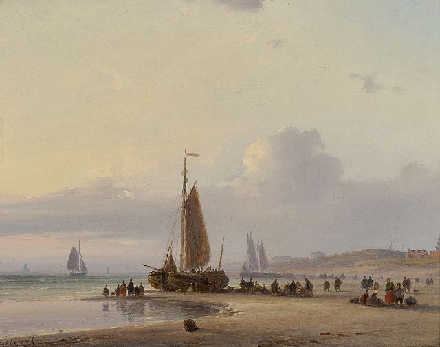 Kleijn L.J.  | A fishing boat and fishermen on the beach of Scheveningen, oil on panel 18.7 x 23.5 cm, signed l.l.