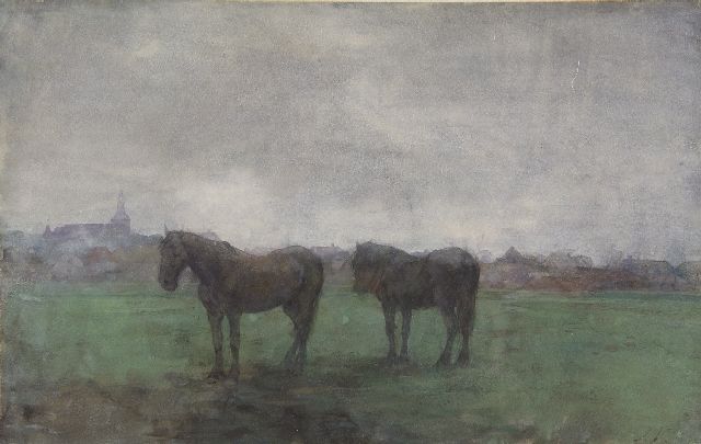 Voerman sr. J.  | Two horses in a meadow, near Hattem, watercolour on paper 29.6 x 46.8 cm, signed l.r. with initials