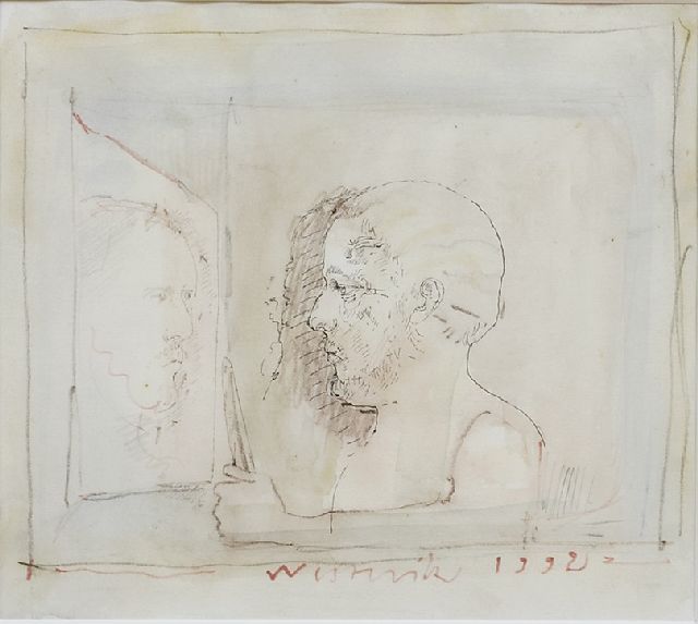 Westerik J.  | Man with knife and mirror-reflection, watercolour, blackchalk and ink on Japanese paper 19.0 x 21.0 cm, signed l.c. and dated 1992