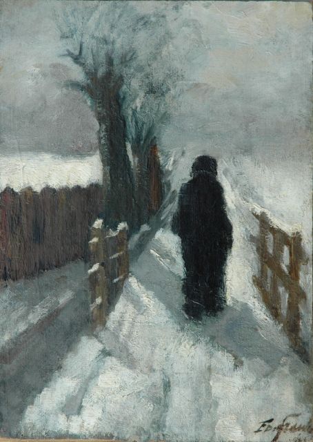 Frankfort E.  | Figure in the snow, oil on canvas laid down on panel 39.7 x 28.4 cm, signed l.r.