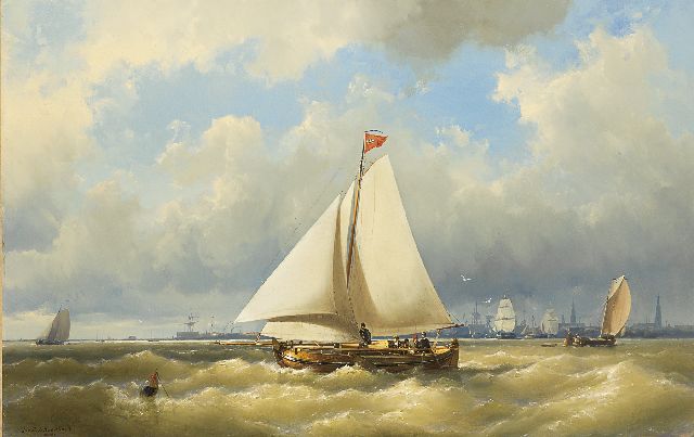 Koekkoek J.H.B.  | A pleasure yacht sailing near Amsterdam, oil on canvas 59.9 x 93.3 cm, signed l.l.