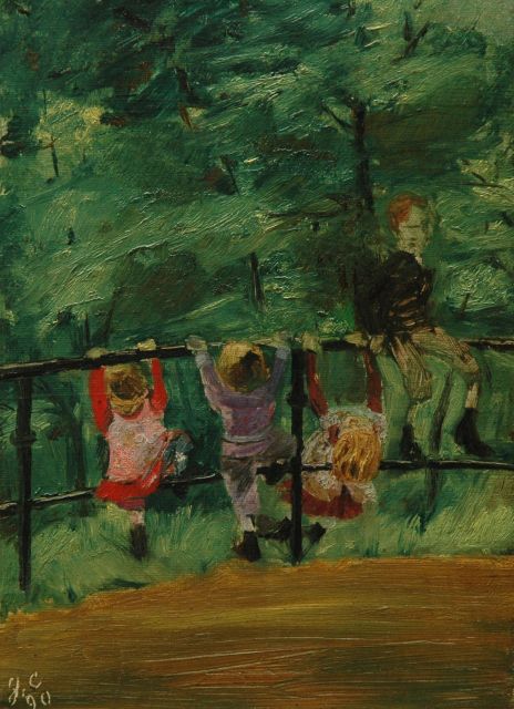 Duitse School   | Children playing in the Hofgarten, Düsseldorf, oil on canvas laid down on board 26.7 x 20.0 cm, signed signed 'g.c.' and dated '90