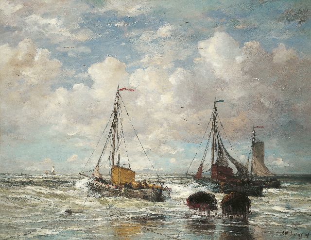 Mesdag H.W.  | The departure of the fleet, Scheveningen, oil on canvas 138.7 x 178.6 cm, signed l.r. and dated 1890