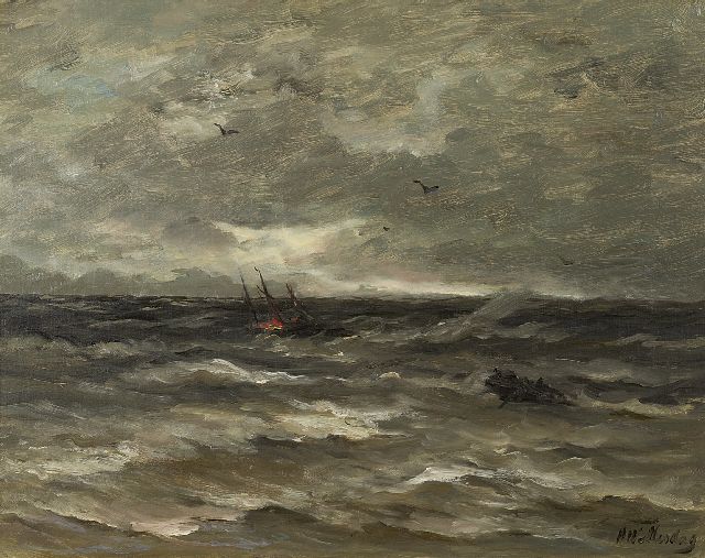 Mesdag H.W.  | A ship burning at sea, oil on canvas 40.0 x 50.0 cm, signed l.r.