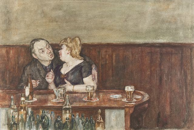 Kemper C.J.  | The artist Jan Burgerhout with lover in a café, watercolour on paper 49.6 x 74.2 cm, signed l.l. and dated '68